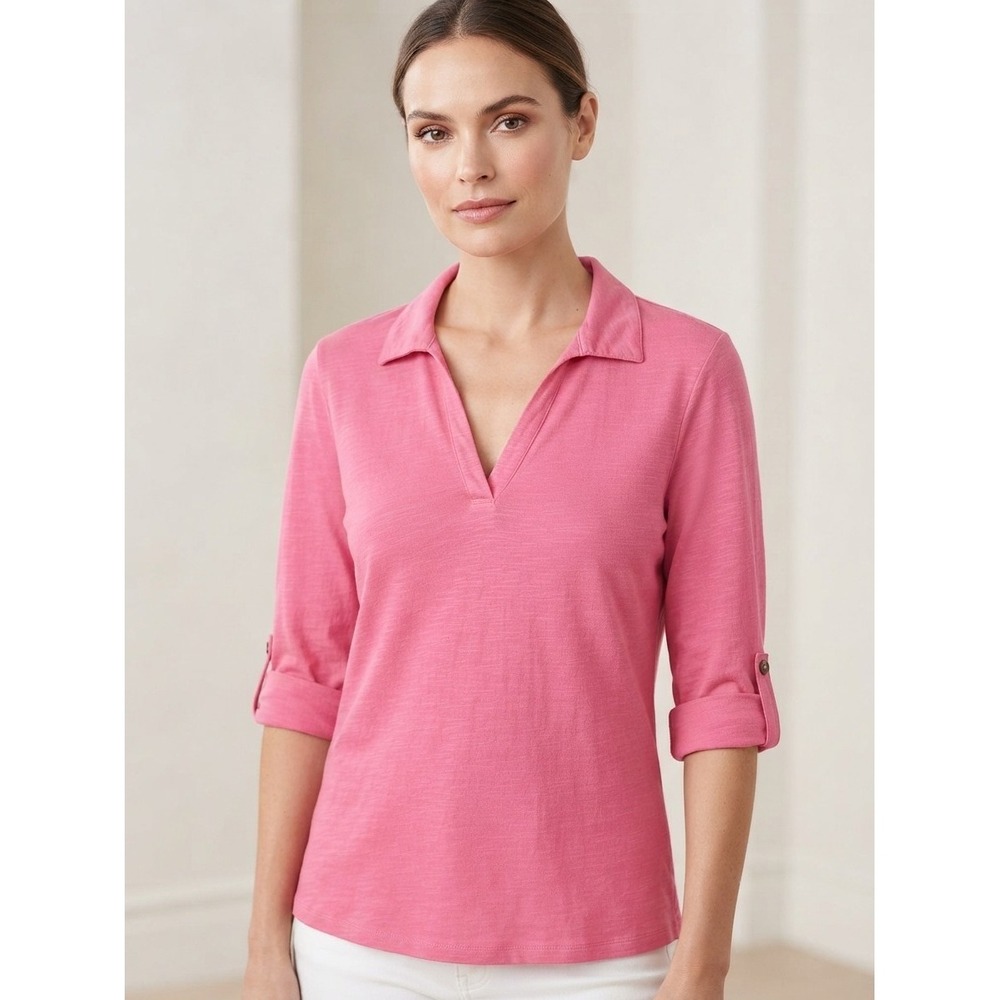 Rachel Zoe Pink V-Neck Collared Top L 3/4 Sleeve Roll Tab Modal Blend Womens